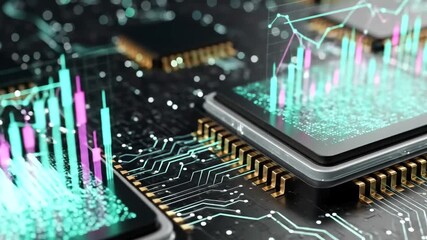 Close-up of microchips with data visualization and circuitry background - Powered by Adobe