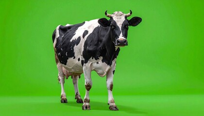 A full-length studio portrait of a black and white Holstein Friesian dairy cow standing and looking at the camera against a green screen background