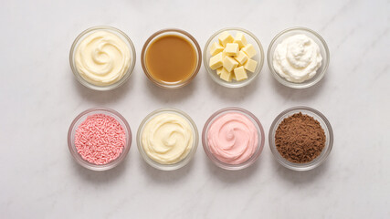 Top view of eight small glass bowls filled with various sweet dessert toppings and ingredients