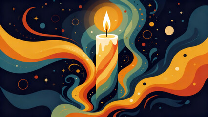 A vibrant candle flame glows against a cosmic backdrop of swirling yellow, orange, and teal waves, dotted with stars and circles, creating a dreamy, mystical scene