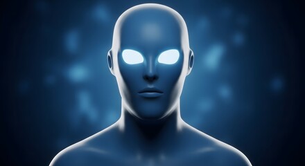 Fototapeta premium Abstract Blue Human Figure with Glowing Eyes Dark Background Mysterious Concept