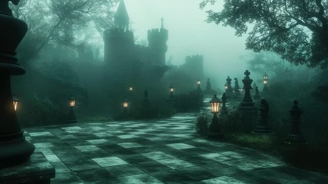 Eerie fantasy landscape with a winding checkered path through a foggy forest leading to an ancient fortress, flanked by oversized chess pieces and glowing lanterns