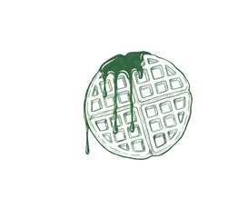 Waffle Stack with Syrup. Retro Breakfast Food Sketch. Hand Drawn Brunch Illustration. Sweet Dessert with Fruits. Cafe Menu Graphic Art.