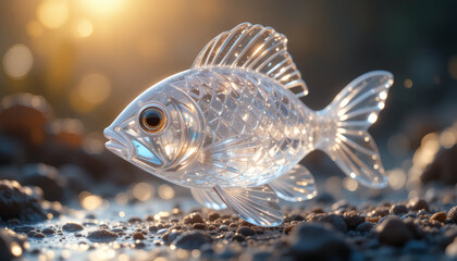 Sparkling translucent crystal fish sculpture with detailed fins and scales illuminated by soft golden light