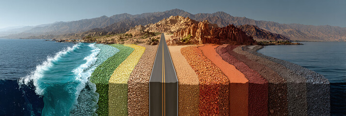 Colorful Transformation A Landscape Gradient From Ocean to Mountain Road