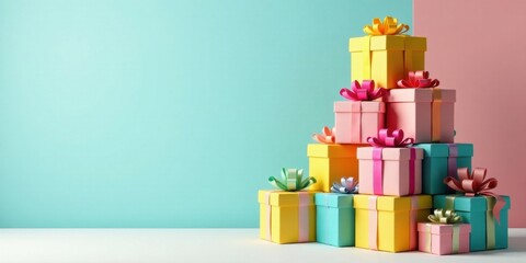 Obraz premium A vibrant stack of festively wrapped presents, arranged in a pyramid shape against a pastel backdrop