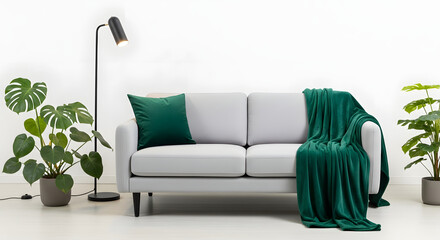 Stylish living room with modern sofa, plants, and a vibrant emerald throw blanket