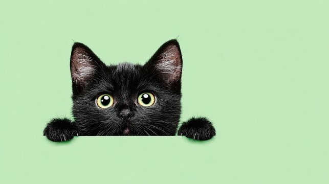 Adorable black kitten with big green eyes peeking over a pastel green background in a cute composition