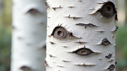 Intriguing patterns of nature's artistry on a tree trunk, showcasing a unique texture and formation resembling eyes