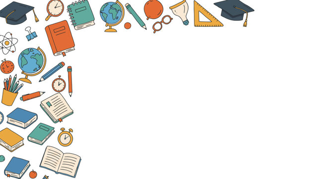 Colorful border design with school supplies and education elements for creati&hellip;