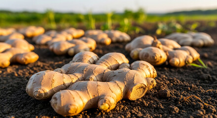 Close-up of fresh ginger roots on dark soil, illuminated by sunlight, showcasing earthy tones and natural texture, representing harvest, health, and culinary use
