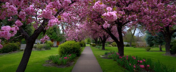 Naklejka premium The blossoming cherry blossom tree path dances like petals in a peaceful japanese garden breeze