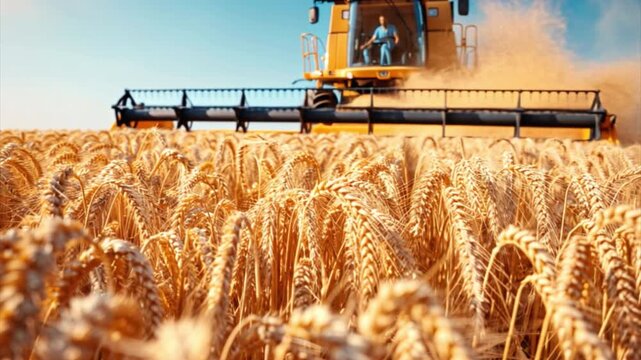 A combine harvester is working in a wheat field, collecting golden grains. The farmer operates the machine while wheat is being cut and processed