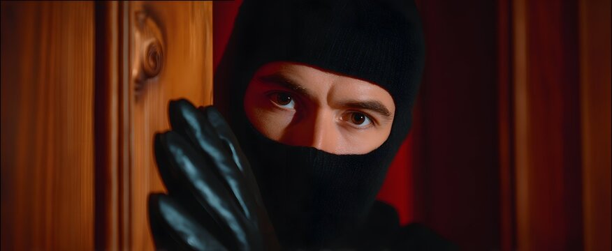 The burglar a shadowy fox slips through the house wearing a black mask and gloves.