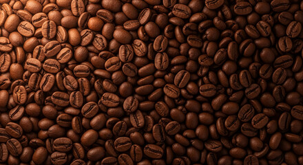 Fototapeta premium Brown coffee beans background texture, closely packed, rich color, ideal for cafe menu, coffee shop branding or packaging design