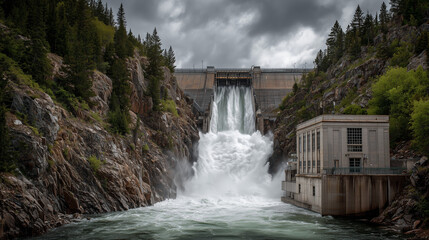 Massive Hydroelectric Power Dam with Flowing Water Cascading Through Turbines