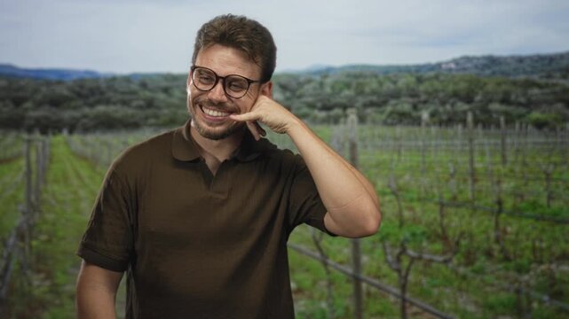 Man smiling with glasses, hand to ear in call gesture amid vineyard rows and wooden posts in forest; joy friendship.