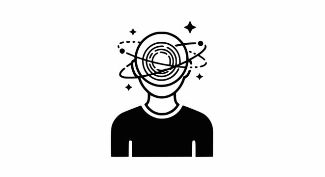 Minimalist vector icon of a dizzy person's head with abstract spinning orbits and stars. Represents vertigo, confusion, mental disorder, derealization, stress, or anxiety attack.