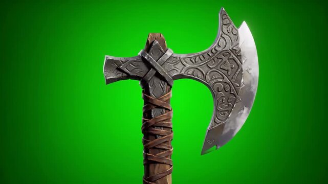 Video 3D motion viking battle axe with carvings isolated rotating views