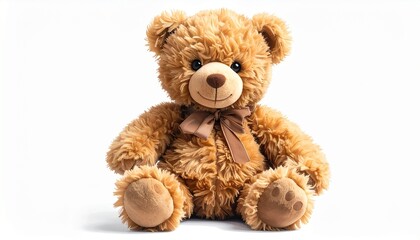 Obraz premium Brown Teddy Bear Sitting and Smiling, A Classic Plush Toy for Comfort and Play, Isolated on White