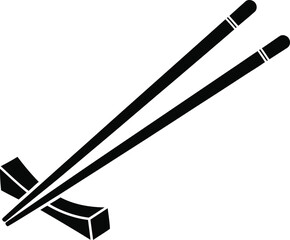 Black Solid Icon of Chopsticks Resting on a Chopstick Holder Asian Food Utensil Vector Graphic