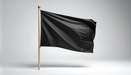 Generated imageSolid black flag with gold finial on wooden pole, waving gently against gray gradient background, symbolic and refined.