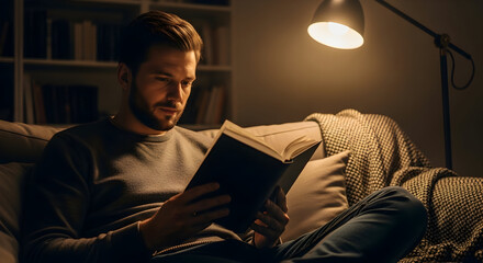man reading book on sofa