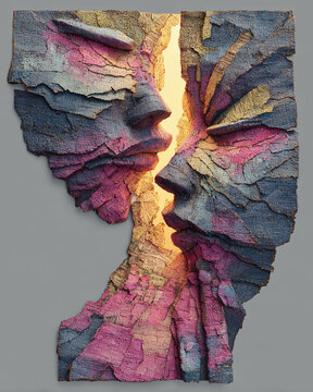 Abstract sculpture depicting two faces seemingly merging, reminiscent of rock formations with a glowing crevice