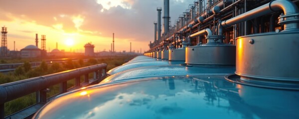 Large industrial tanks at biofuel plant with pipes, equipment. Modern eco-friendly processing facility for renewable energy production. Storage tanks for biofuel, industrial liquids. Sunset over