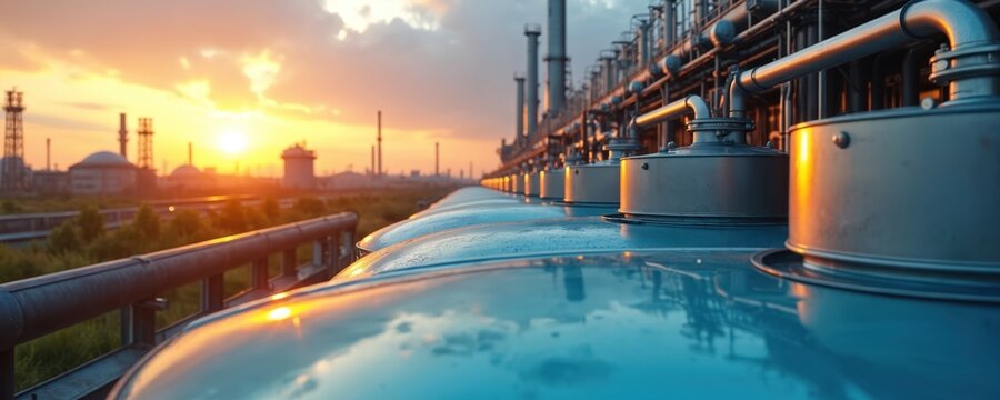 Large industrial tanks at biofuel plant with pipes, equipment. Modern eco-friendly processing facility for renewable energy production. Storage tanks for biofuel, industrial liquids. Sunset over