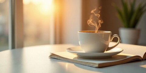 A warm cup of coffee steaming gently on a saucer beside an open book, bathed in the soft glow of morning sunlight, creates a peaceful and inviting atmosphere.