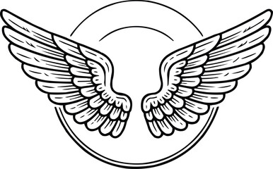 Obraz premium Winged Emblem Outline Vintage Vector Badge with Angel Wings and Circular Frame