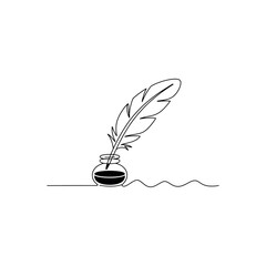 Black feather quill pen in inkwell with wavy line writing instrument