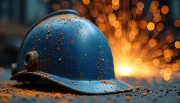 Blue industrial hard hat covered in orange dust rests on a surface with sparks flying in background. Protective headwear for construction workers, welders, and heavy industry jobs.