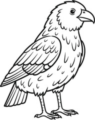 Simple standing raven or crow bird outline drawing vector illustration for coloring book page