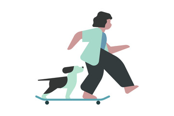 Person skateboarding with dog, representing friendship, fun, and active modern lifestyle in minimal flat style.