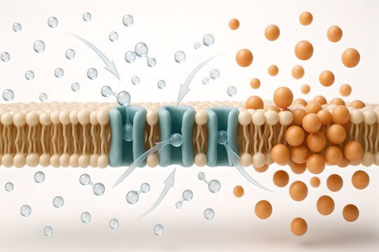 Photorealistic 3D medical illustration of osmosis, semipermeable membrane separating two aqueous compartments with higher solute concentration on one side, water molecules moving - Powered by Adobe