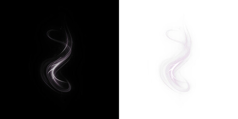 Abstract swirl design in contrasting black and white backgrounds, showcasing fluid motion and ethereal light trails, perfect for creative projects and digital overlays with copy space