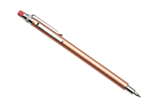 Isolated mechanical pencil in brown shade lying on flat surface on a clear backdrop