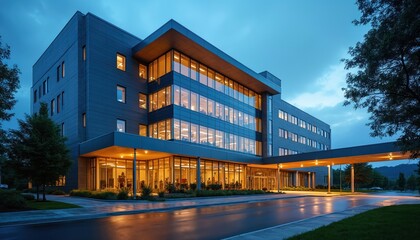 Modern hospital design glass facade at dusk. Exterior view offers evening light reflection, urban view. Building with driveway, trees. Tech architecture advances wellness innovation, modern facility.