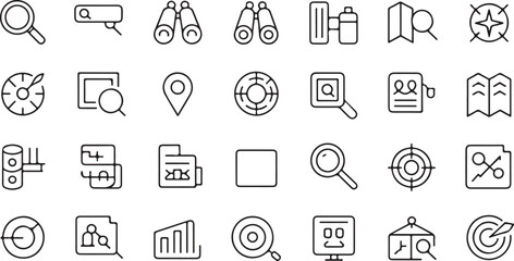 Collection of black outline icons representing search, navigation, and data analysis search magnifying glass icon