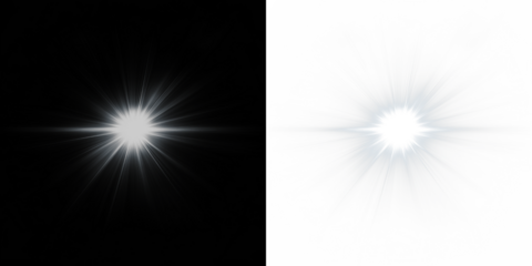 Bright light burst overlay on contrasting black and white backgrounds, creating a dynamic visual effect for creative projects and graphic design applications