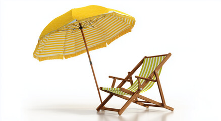 a beach umbrella and deck chair isolated on a white background, in a yellow color