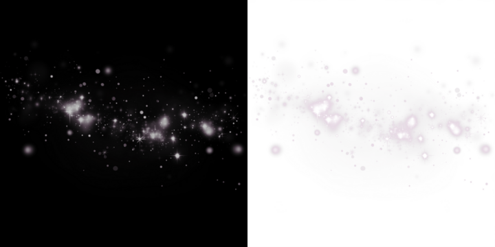 Sparkling bokeh overlay illustration with shimmering light effects on contrasting black and white backgrounds, perfect for creative design and artistic projects with copy space