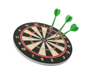 Isolated dartboard with green darts is a challenging game for accuracy and precision
