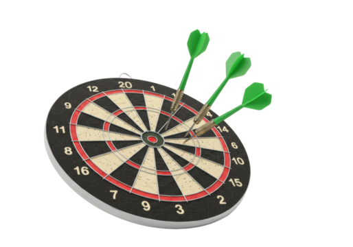 Isolated dartboard with green darts is a challenging game for accuracy and precision