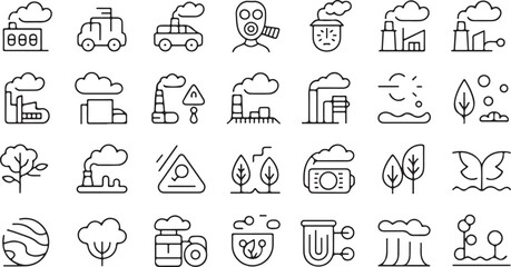 Collection of environmental pollution and nature icons factory smoke