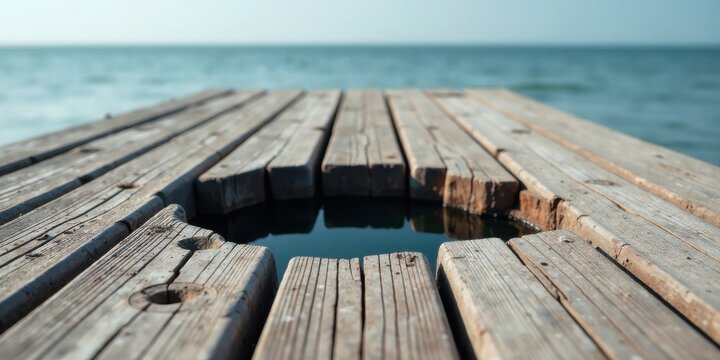 A weathered wooden dock extends over tranquil water, a small pool of sea water nestled within the aged planks, reflecting the serene sky above. - Powered by Adobe