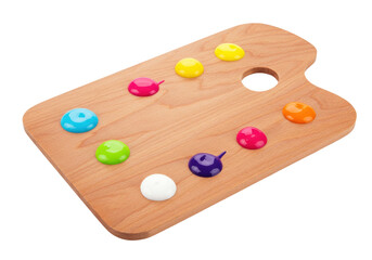 Isolated wooden paint palette with colorful art paints for painting, no background