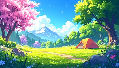 Anime-style illustration of a camping scene. Vibrant landscape with a tent, trees, flowers, mountains, and a bright blue sky
